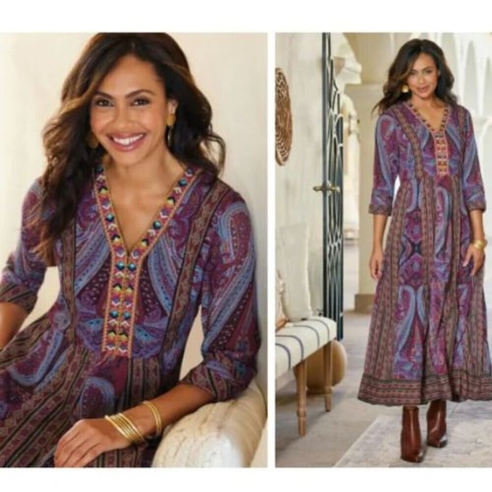 Soft Surroundings Purple Paisley The Mira Maxi Dress Size PS 36072